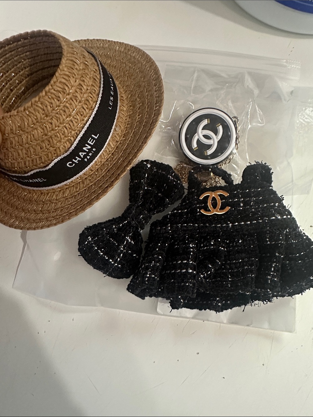 Black Tweed Dress and Straw Hat with Logo Charm